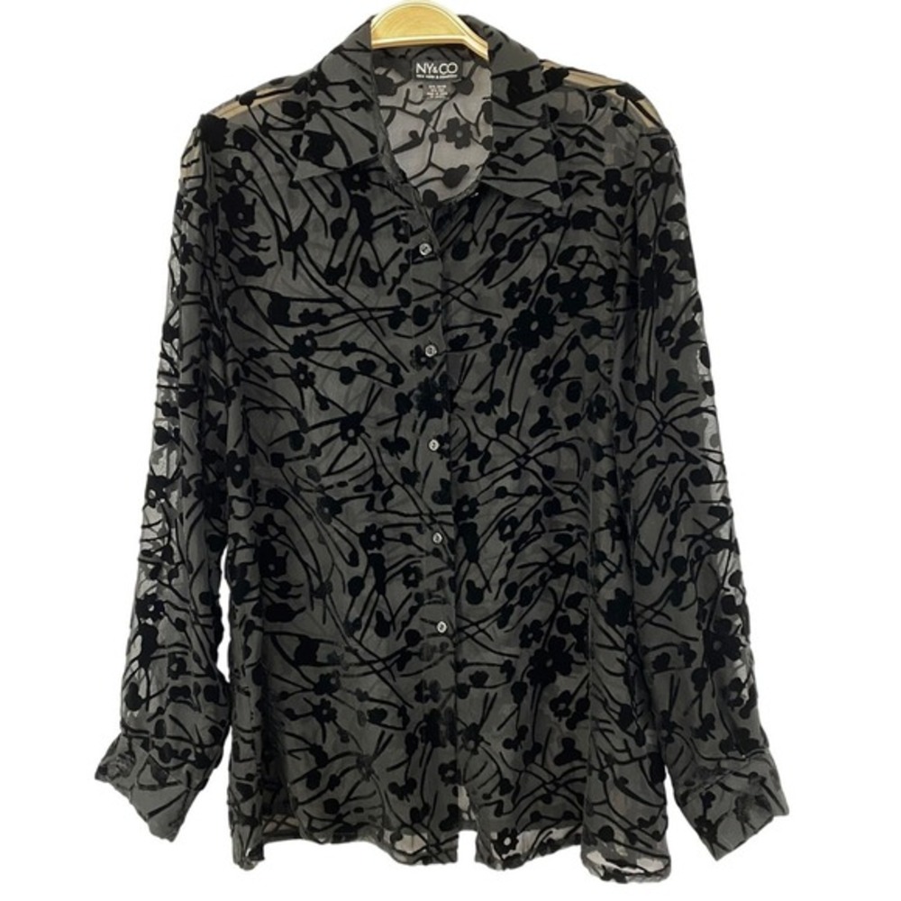 Y2K Whimsigoth NY&CO New York & Company Sheer Burnout Velvet Shirt Women M Black